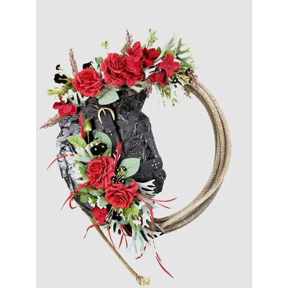 Artificial Floral Wreath With Red Roses & Greenery On Black Textured Base & Rope - Picture 12 of 14